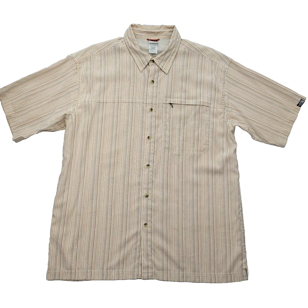 North Face Shirt Men XL Orange Stripe Short Sleeve Hiking Guide Zip Pocket‎